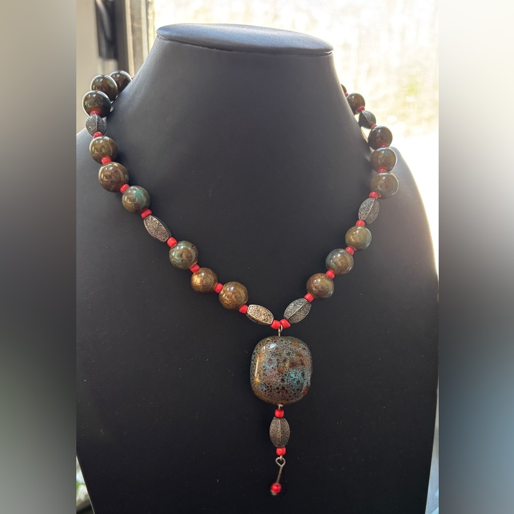 Polished Stone Necklace with Red and Silver Tone Spacers